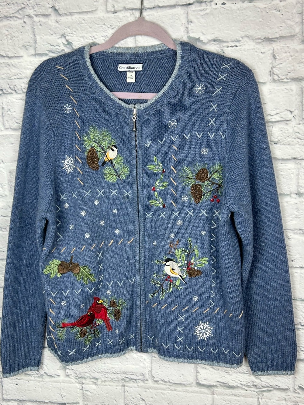 Croft & Barrow Petite L Blue Winter Birds Embroidered Zip Cardigan Sweater